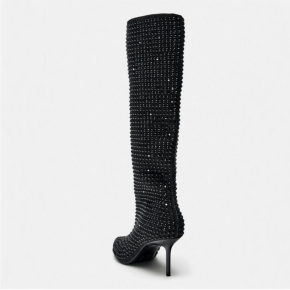 ZARA POINTED TOE RHINESTONE HEELED KNEE HIGH BOOTS - Picture 2 of 9